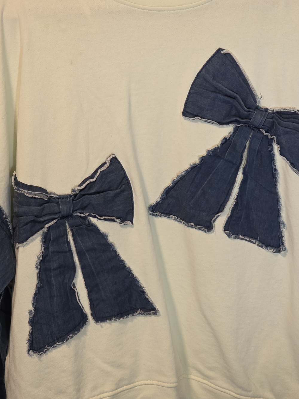 Cream Sweatshirt with Frayed Denim Bow Appliqués - Picture 3 of 5